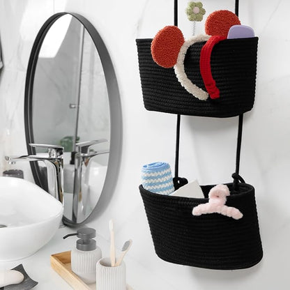 TeoKJ Over the Door Organizer, 3-Tier Woven Cotton Hanging Kitchen Baskets Storage Organizer Bag with Hooks Wall-Mounted Decorative Rope Baskets - Black