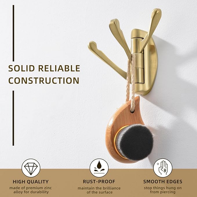 Angle Simple Towel Hook Brushed Gold, Metal Folding Swivel Towel Holder, Bathroom Robe Clothes Coat Hook, Home RV Organizer, Screw Mount