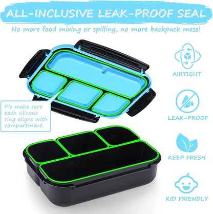 QQKO Bento Box for Kids Adults, School Toddler Lunch Box for Boys Girls, Lunch Box Containers with 4 Compartments, Sauce Container, Utensils, Food Picks and Muffin Cups for School, Black Blue