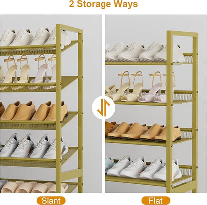 Large Shoe Rack 8 Tier Shoe Organizer, Heavy Duty Metal 4-Tier Stackable Shoe Storage Vertical Shoe Rack for Closet Front Door Entrance, Up to 50 Pairs, 44.8" W x 11.4" D x 56.7" H, Gold
