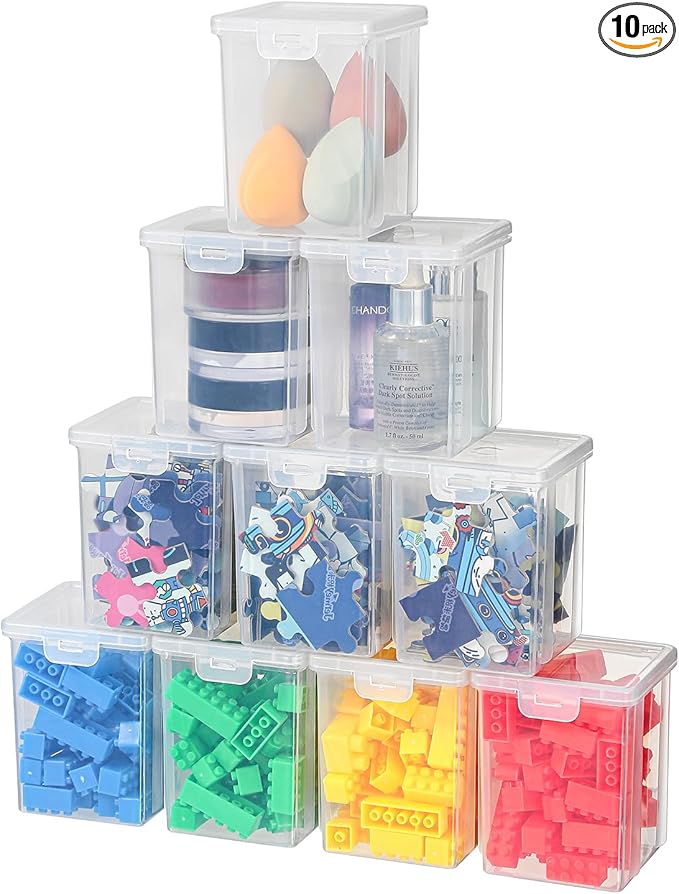 10 Pack Small Clear Storage Bins with Lids - Stackable Plastic Organizer Boxes for Crafts, Art Supplies, Jewelry, Beads, Office Tools - 3.54x3.54x4.53 Inch – Square Medium