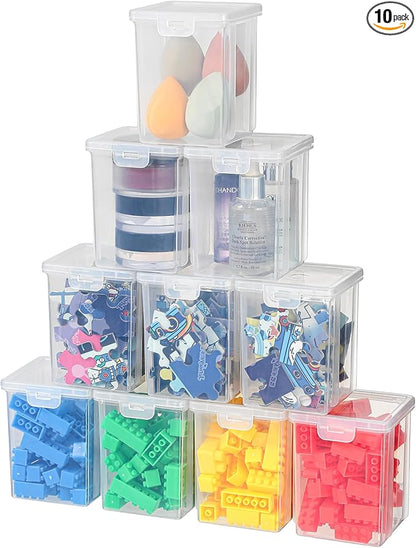 10 Pack Small Clear Storage Bins with Lids - Stackable Plastic Organizer Boxes for Crafts, Art Supplies, Jewelry, Beads, Office Tools - 3.54x3.54x4.53 Inch – Square Medium