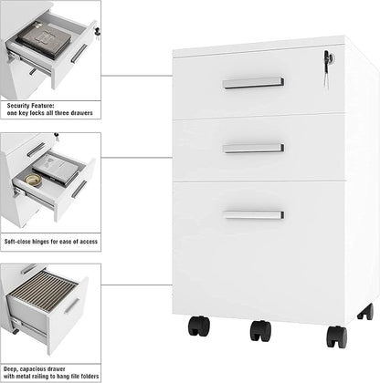 Modern Design Lazio White File Cabinet, Filing Cabinets for Home Office, Drawers for Under Desk, Locking 3 Drawer Rolling Wood File Cabinet with Lock, by Crafts and Comfort