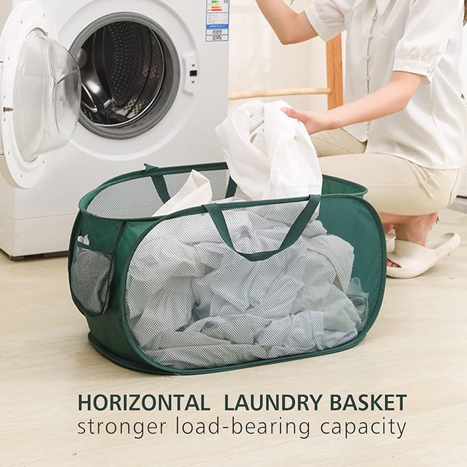 Pop Up Laundry Hamper,Collapsible Horizontal Baskets with Handles & Side Pocket,Foldable Sturdy mesh for Laundry Room,Bathroom,Kids Room,College Dorm Travel (Green)
