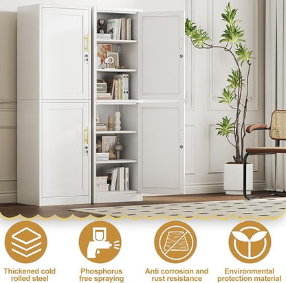 Metal Storage Cabinet with Lock and 5 Adjustable Shelves, Steel File Cabinets, Kitchen Pantry Cabinet Locker Organizer - 67" Tall Storage Cabinets for Kitchen,Bathroom,Bedroom,Office,White