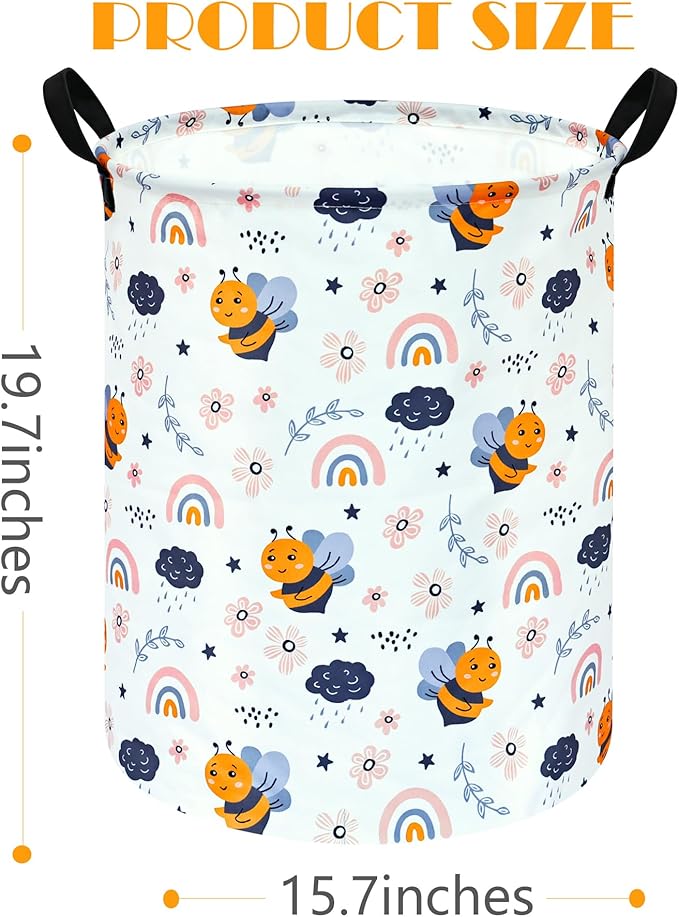 Rainbow Bee Print Canvas Laundry Basket,Waterproof Storage Bin with Handles 15.7" D×19.7" H Foldable Toy Organizer Decor Gift Basket for Kids' Bedroom & Home Organization