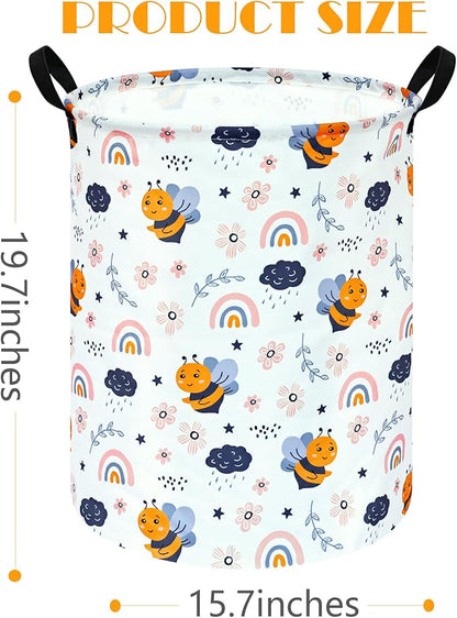 Rainbow Bee Print Canvas Laundry Basket,Waterproof Storage Bin with Handles 15.7" D×19.7" H Foldable Toy Organizer Decor Gift Basket for Kids' Bedroom & Home Organization