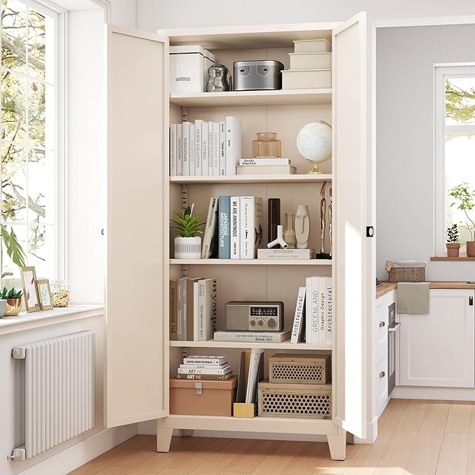 70.87" Tall Metal Storage Cabinet with 3-Digit Combination Lock, Steel Pantry Cabinet with 4 Adjustable Shelves & 2 Doors, Secure Freestanding Organizer for Home, Office, Garage, Beige
