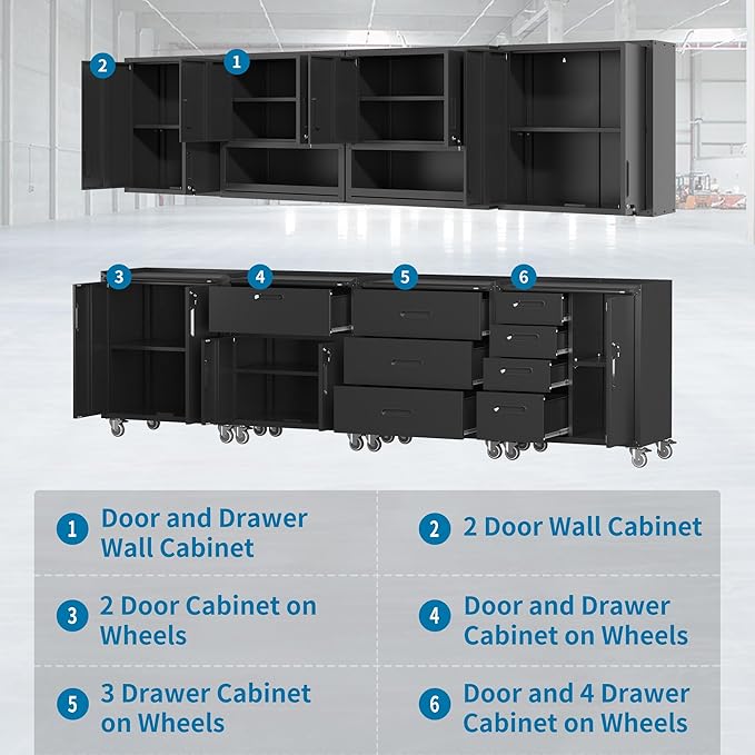 Black Garage Storage Cabinets System 8PCS Workshop Set with Drawers Locking Heavy Duty Rolling Cart with Adjustable Shelves Garage Tool Workbench Cabinets