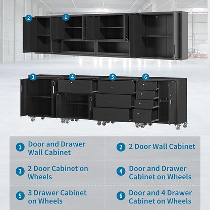 Black Garage Storage Cabinets System 8PCS Workshop Set with Drawers Locking Heavy Duty Rolling Cart with Adjustable Shelves Garage Tool Workbench Cabinets