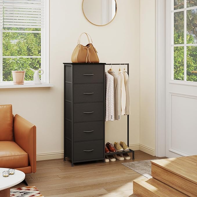 Somdot Dresser with Hanging Rack, 5 Drawers Small Closet for Bedroom, Reversible Dresser with Clothes Rack, Kids Dressers for Bedroom Chest of Drawers, Tall Storage Tower, Black