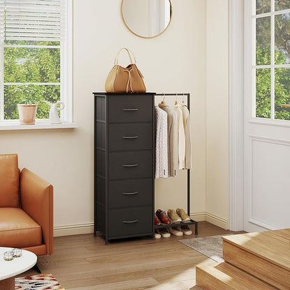 Somdot Dresser with Hanging Rack, 5 Drawers Small Closet for Bedroom, Reversible Dresser with Clothes Rack, Kids Dressers for Bedroom Chest of Drawers, Tall Storage Tower, Black