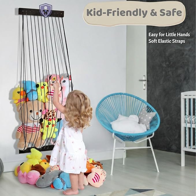 Stuffed Animal Storage Wooden Soft Toy Storage for Kids Room，Wall Mount Door Hanging Stuffed Animal Toy Organizer Shelf for Nursery Play Room Black -Patent