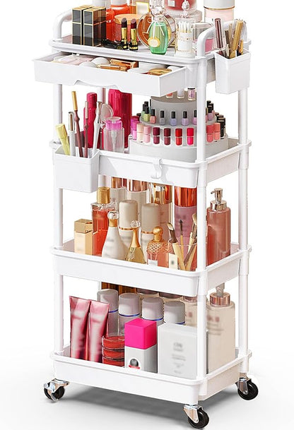 Makeup Cart Organizer with Drawers, 4 Tier Floor Skincare Organizers for Vanity, Rolling Makeup Bathroom Storage Cart Cosmetics Display Cases for Skin Care Perfume Nail Polish, White