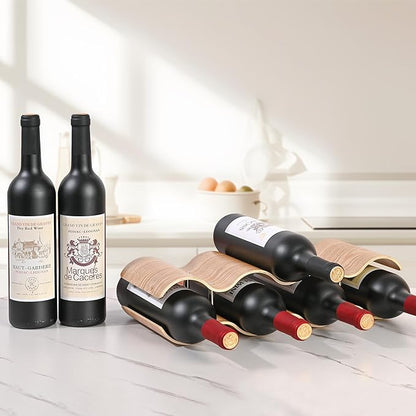 Countertop Wine Rack - 7 Bottle Freestanding Wine Bottle Holder Stand - 2 Tier Wooden Wine Storage Rack - Wavy Wine Organizer for Cabinet Pantry Home Kitchen Bar