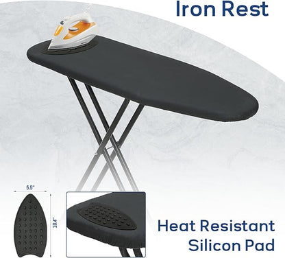 Ironing Board 43x13 with Iron Rest, RAINHOL Compact Iron Board Full Size with Thick Cover and Pad, Easy Storage Hanger with Heat-Resistant Silicone Pad, Space Saving and Height Adjustable, Black