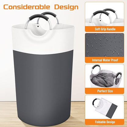 BlissTotes Laundry Basket, Laundry Hamper, Collapsible Laundry Baskets, Dirty Clothes Hamper, Waterproof Laundry Basket with Foam Protected Aluminum Handles for College Dorm, Family 90L (Gray)