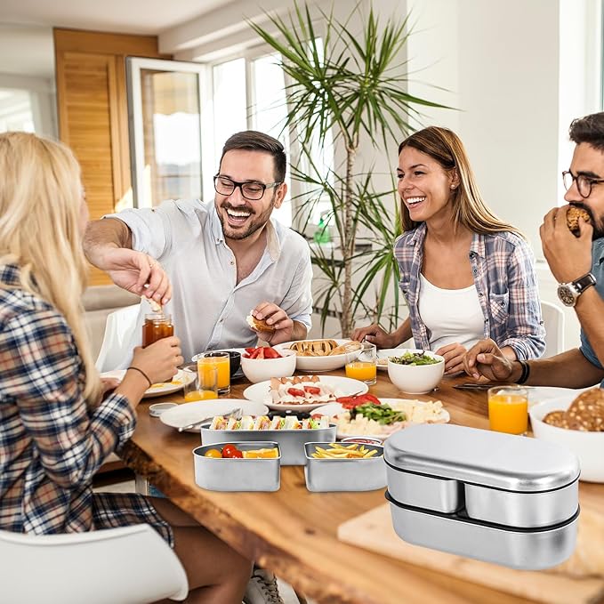 Stainless Steel Bento Box, Stackable & Leakproof Lunch Box, 3 Compartment Food Storage Containers，Microwave/Dishwasher Safe Bento Lunch Box for Work/Travel