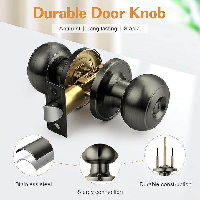 Probrico Satin Gunmetal Door Knobs for Bedroom Bathroom, Interior Door Knob with Round Ball, Grey Privacy Door Knob, 1 Pack