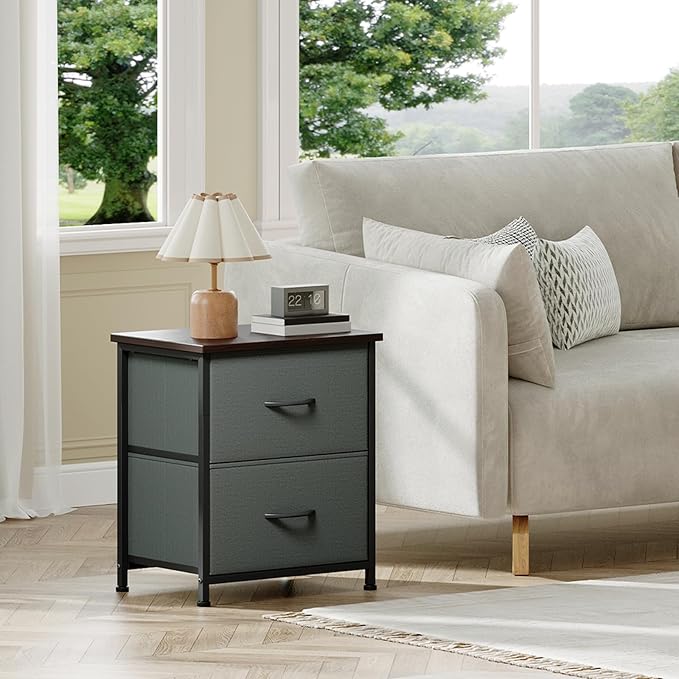 Somdot Nightstand Set of 2 with 2 Storage Drawers, Small Bedside Table End Table, Wooden Top Fabric Cabinet for Bedroom, Kids Closet, College Dorm, Entryway, Charcoal Grey