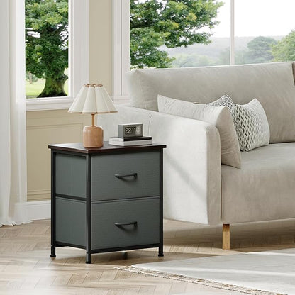 Somdot Nightstand Set of 2 with 2 Storage Drawers, Small Bedside Table End Table, Wooden Top Fabric Cabinet for Bedroom, Kids Closet, College Dorm, Entryway, Charcoal Grey