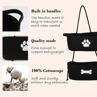 2-Tier Dog Baskets,Over Door Hanging Oganizer for Pet Stuff with Metal Hooks,Cotton Rope Wall-Mounted Storage Organizer for Dog Leash/Harness/Small Toys/Trash bag - Black