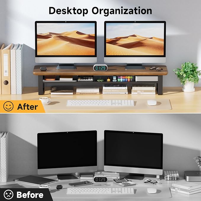Dual Monitor Stand, 35.4 Inch Monitor Stand Riser for 2 Monitors, 2 Tiers Wood Desk Shelf with Storage, Desktop Organizer Stand for Computer, Laptop, Printer, TV (Black Walnut, 35.4in)