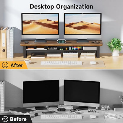 Dual Monitor Stand, 35.4 Inch Monitor Stand Riser for 2 Monitors, 2 Tiers Wood Desk Shelf with Storage, Desktop Organizer Stand for Computer, Laptop, Printer, TV (Black Walnut, 35.4in)