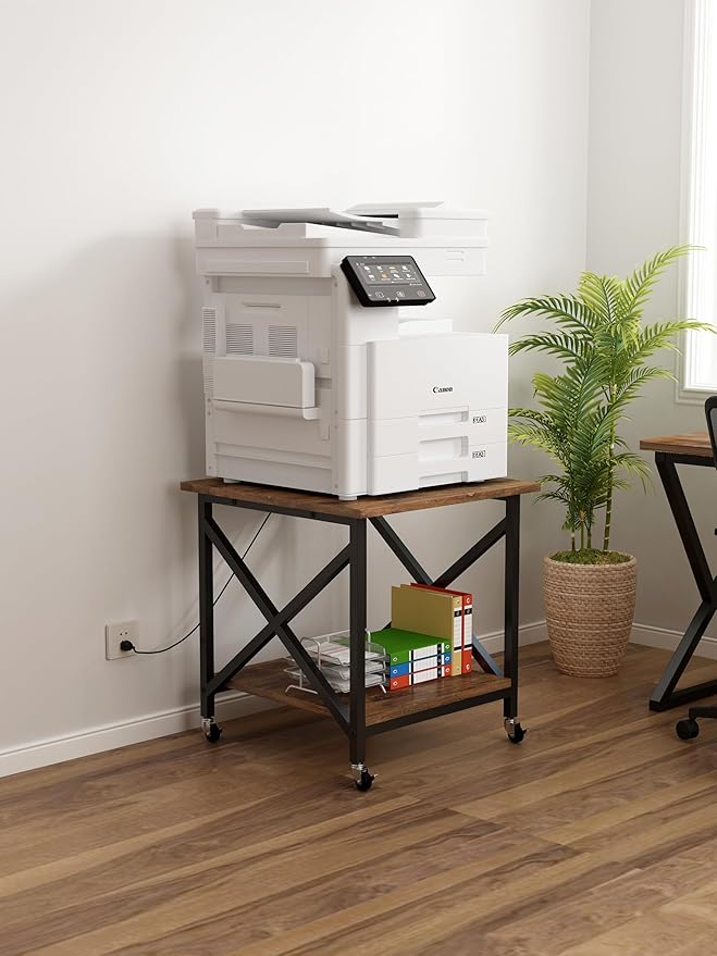 Large Printer Stand with Power Outlet, with Storage Shelf, 2 Tier Rolling Printer Cart with Industrial Wheels, 23.6 x 23.6 Inches Printer Table for Home Office,Rustic Brown