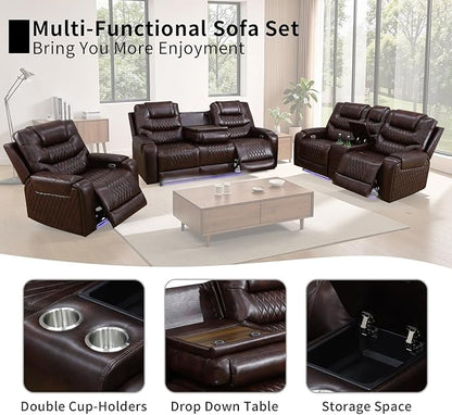 Power Recliner Sofa Set with LED Lights,Leather Reclining Sofa with Charge Port/Drop-Down Table/Storage Console/Cup Holder for Living Room/Office/Home Theater(3 Piece Set,Dark Brown)