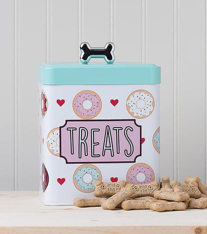 Amici Pet, , Barkers Dozen Metal Treats Canister, Doughnuts and Hearts Design, Food Safe, Push Top Lid with Metal Bone Shaped Knob, 96 Ounce Capacity