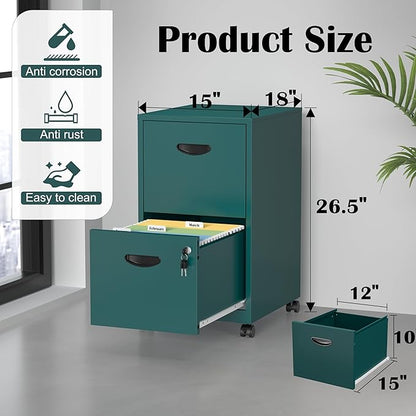 2 Drawer File Cabinet with Lock,Green Rolling File Cabinet for Home Office,Printer Stand, Metal Small Mobile Filing Cabinets on Wheels for Hanging Letter