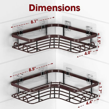 Corner Shower Caddy - 2 Pack, Adhesive Shower Organizers, Rustproof Stainless Steel Shower Shelves with 8 Hooks, No Drilling Bathroom Organizers and Storage Racks, Space-Saving, Brown, Medium