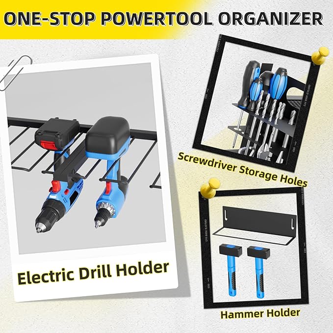 Power Tool Organizer Wall Mount with Charging Station, Drill Holder, Heavy Duty Storage Utility Racks, Supports 600 lbs,Battery Shelf for Garage and Workbench (16 Inch 4 Drills Holder)