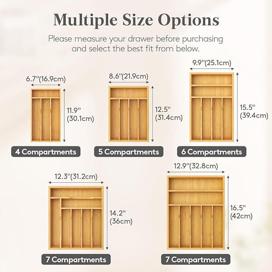 Lifewit Silverware Drawer Organizer, Utensil Tray for Kitchen, Flatware and Cutlery Holder, Storage for Spoons Forks Knives, 6.7 x 12", Natural