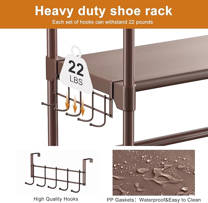 WOWLIVE 9 Tiers Large Shoe Rack Brown Shoe Rack Organizer for Closet 30-35 Pairs Stackable Heavy Duty Shoe Shelf Shoe Storage with Metal Pipes Plastic Connectors