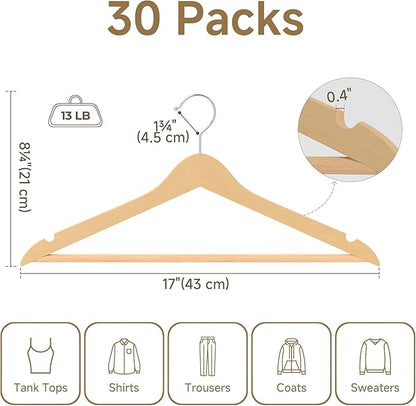 StorageWorks Clothes Hangers, Wooden Hangers 30 Pack for Closet, Wood Hangers for Coats, Shirts, Jackets, Pants, Suits, Natural Wood Color