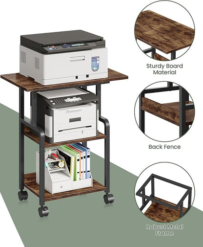 23.6-in Printer Stand with Storage, 3-Tier Printer Table for Home Office, Printer Cart Under Desk Storage, Suitable for Study, Kitchen, Living Room, Rustic Brown and Black TPS02BF