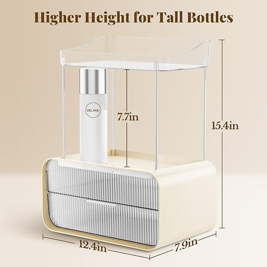 Delamu Bathroom Counter Organizer 2-Drawers 2-Tier Acrylic Makeup Organizer for Vanity Countertop, Skincare Perfume Storage, Easy Assembly, Ideal for Women, Bath Linen Sets, CreamWhite