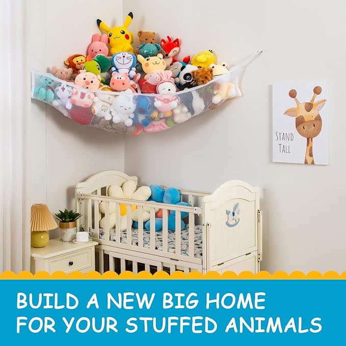Large Stuffed Animal Net Hammock Corner (Fixed Size Min 3 Feet Right-angled Corner Space Each Side, Non-Stretchable) Toy Organizer for Plushies Teddy and Squishmallow (White 2 Pack, Large)