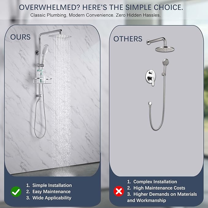 Rain Shower System with 304Stainless Steel Shelf, 12 Inch Rainfall Shower Head System with Handheld Spray, SonTiy Dual Shower Combo with Height Adjustable Holder, Brass Diverter, 1.8 GPM, Chrome