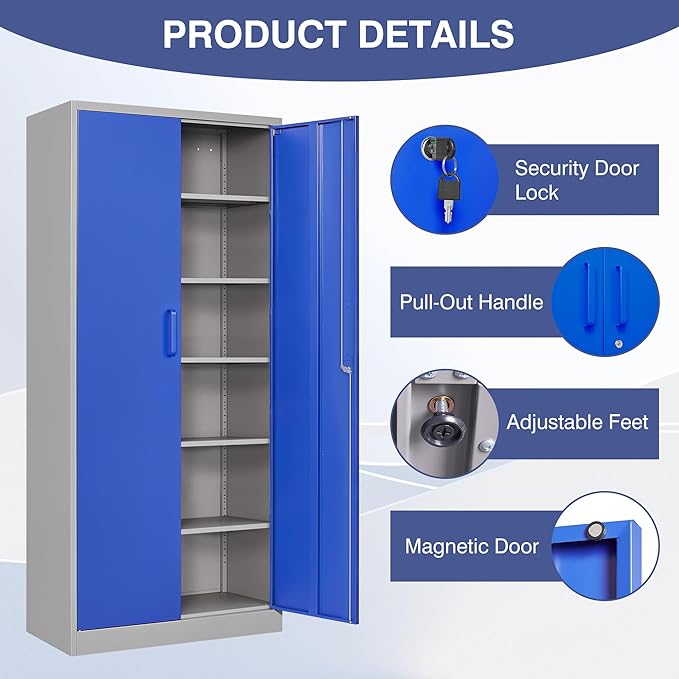 Metal Garage Storage Cabinet,Steel Storage Cabinet with Doors and Adjustbale Shelves,Lockable Tool Cabinet for Garage,Basement,Home Office,School