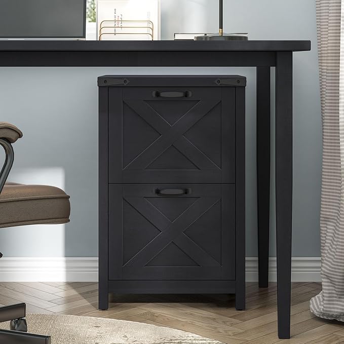 2 Drawer Small File Cabinet, Farmhouse Vertical Filing Cabinet Fits Letter and A4 Size, Under Desk Wooden File Cabinets for Home Office, Printer Stand, Black