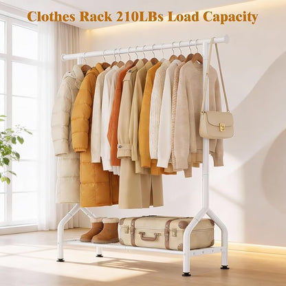 EAGMAK Sturdy Clothing Rack with Shelf, Metal Garment Rack with Leveling Feet for Hanging Clothes, Freestanding Clothes Rack for Bedroom, Apartment & Small Spaces, White