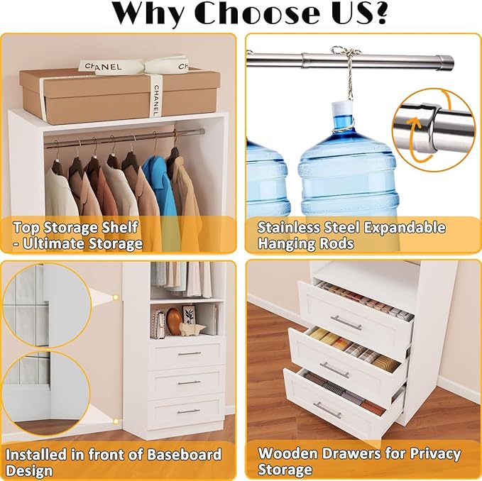 Closet System with Drawers, 4FT Closet Organizer System Wood Walk-in Closet Shelf Corner Small Closets Storage System with Hanging Rods Modular White (4FT)