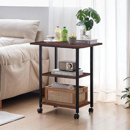 Lerliuo 3-Tier Printer Stand, Industrial Mobile Printer Table with Storage Shelf and Steel Frame, Rolling Printer Cart Holder with Lockable Wheels for Home, Office (Walnut)
