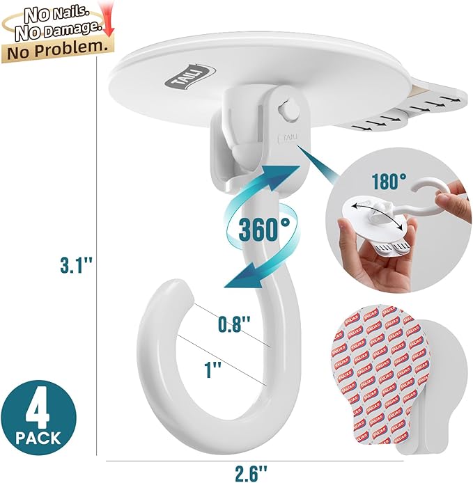 TAILI Adhesive Removable Wall & Ceiling Hooks for Hanging Plants, Heavy Duty No-Drill 360° Swivel Adjustable Sticky Wall Hooks Hanging Decor Lights Garland for Door Kitchen, Renter Friendly - 4 Pack