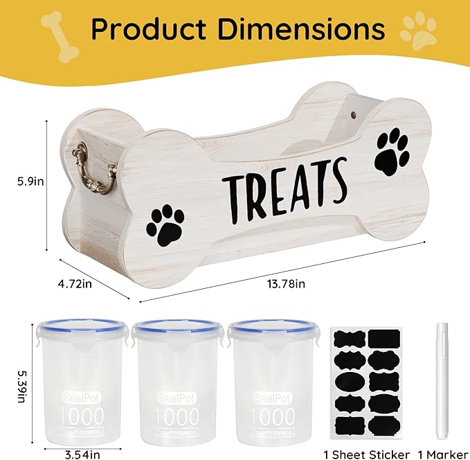 WGFKVAS Dog Treat Storage Containers, 3 Jar Pet food container, White Wooden Pet Food Dispenser for Dogs & Puppies, Perfect Food Storage Solution and Gift for Dog Owners