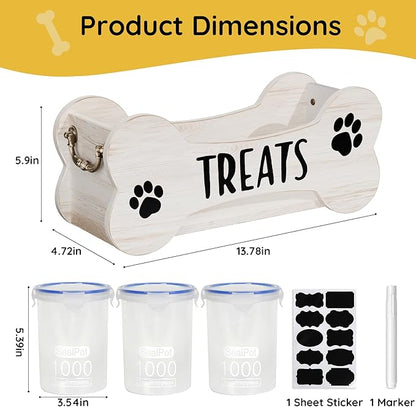 WGFKVAS Dog Treat Storage Containers, 3 Jar Pet food container, White Wooden Pet Food Dispenser for Dogs & Puppies, Perfect Food Storage Solution and Gift for Dog Owners