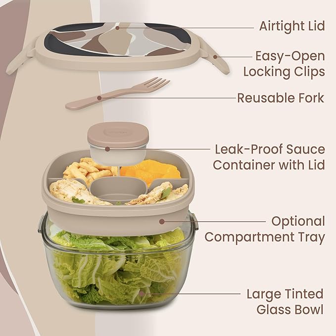 Bentgo Glass Prints Salad Container - 7.6-Cup Tinted Glass Salad Bowl with Airtight Lid, Leak-Proof Sauce Container, 4-Compartment Bento Meal Prep Tray & Reusable Fork (Inky Abstract - Neutrals)
